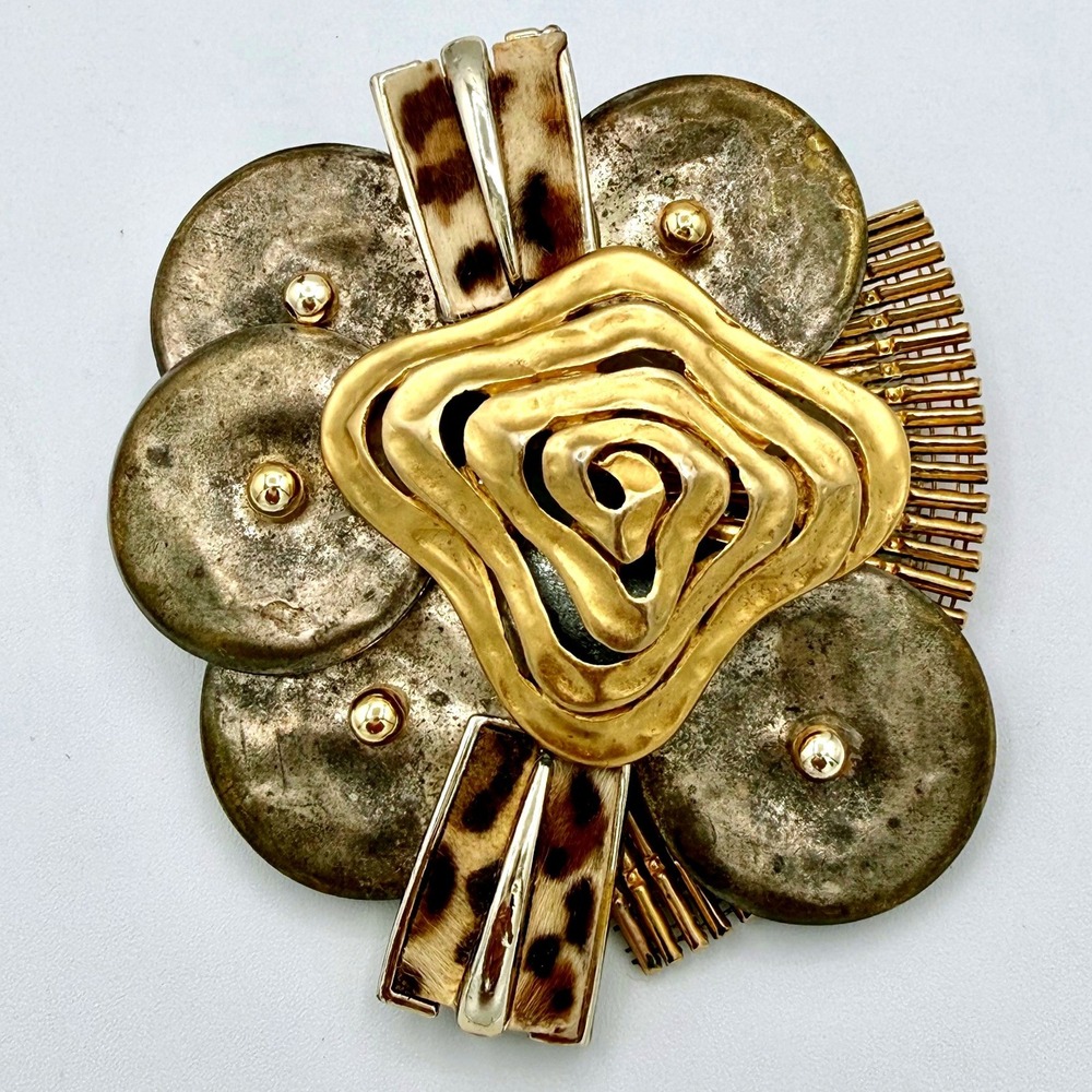 Vintage Signed 1989 Mixed Media Leopard Print Calf Hair Gold Rose Brooch Pin